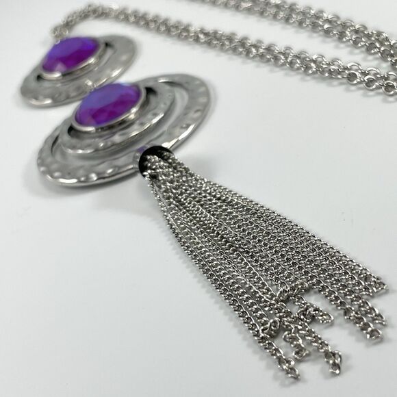 Silver Tone Boho Purple Glass Rhinestone Hammer Finish Pendant Tassel Necklace - Picture 5 of 8